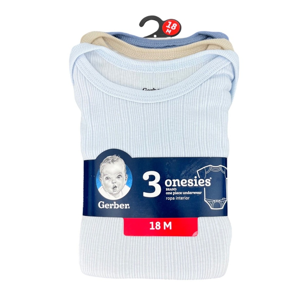 Gerber Onesies Bodysuit Baby Boy 18M Blue Tan Ribbed Cotton Short Sleeve 3 Pack